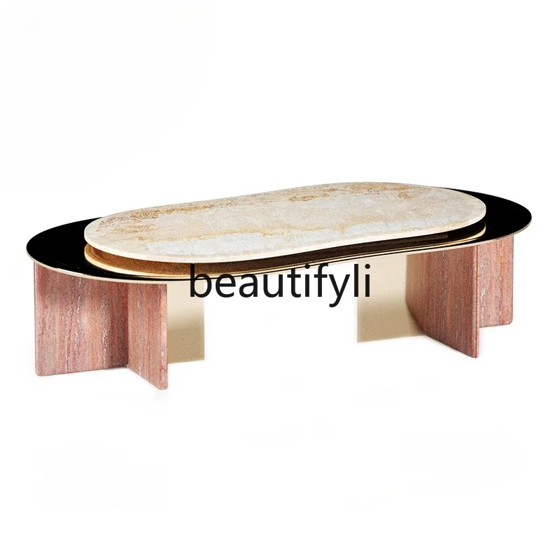 

Italian light luxury combination coffee table oval stainless steel marble coffee table side combination