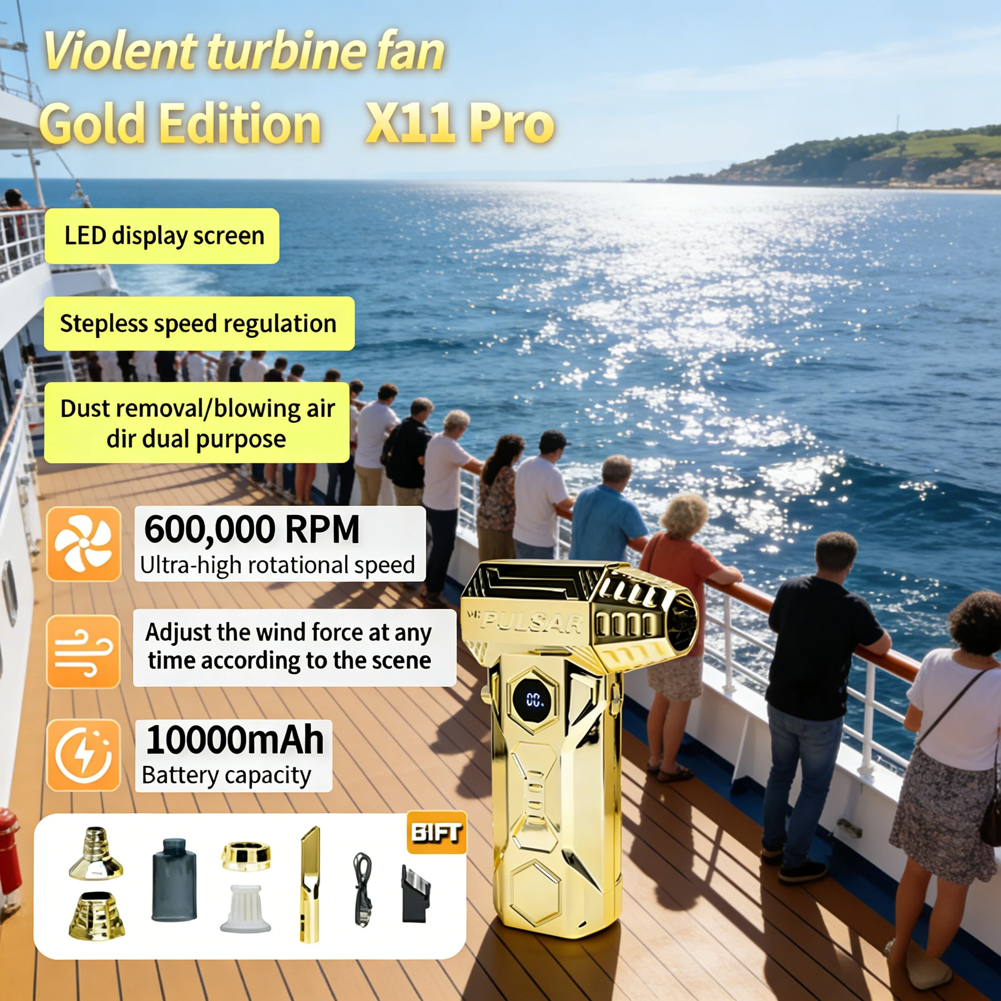 

Gold X11 Mini Handheld Fan | 580000RPM Violent Turbo Fan Camping Outdoor Dust Blower