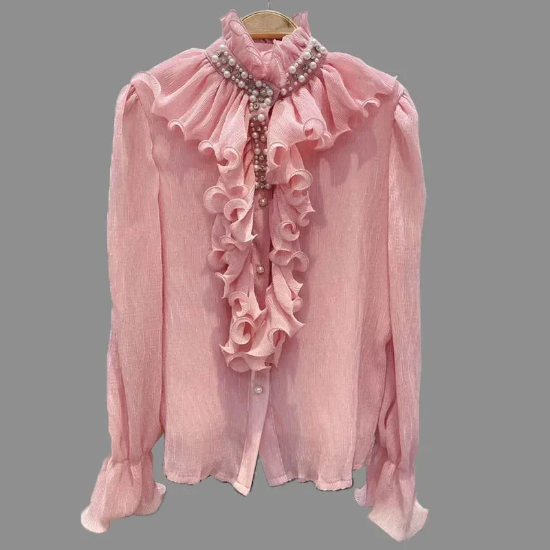 2024 New Elegant Shirts Women Design Diamonds Loose Casual Tops Long Sleeve Ruffles Gentle Office Lady Blouses Spring