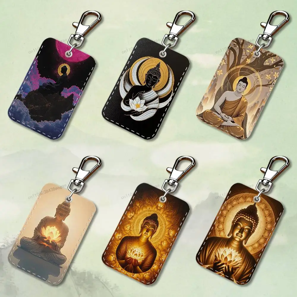 

Pattern Buddha Art Belief Rectangle Card Case Keychain Access Card Bag Key Tag Ring Leather Card Holder Key Ring Access