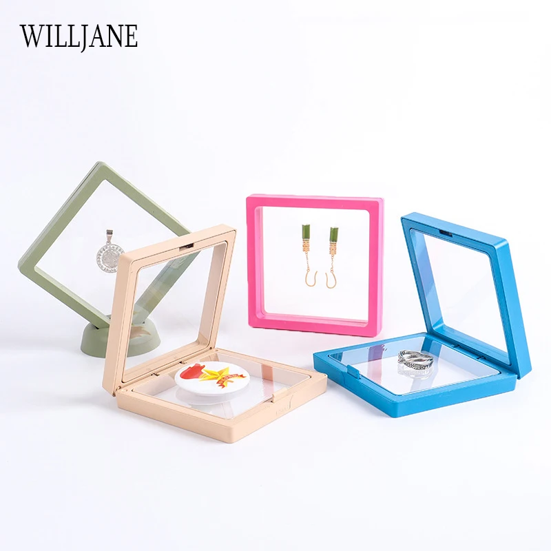 Transparent PE Film Jewelry Storage Box Color 3D Floating Display Frame Coin Dustproof Exhibition Ring Earrings Organizer Case