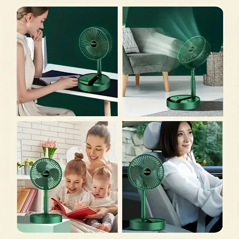 Ventilador portátil do suporte do assoalho telescópico, 6 Polegada, dobrável, USB com bateria recarregável, 3 velocidades, Super Quiet, altura ajustável