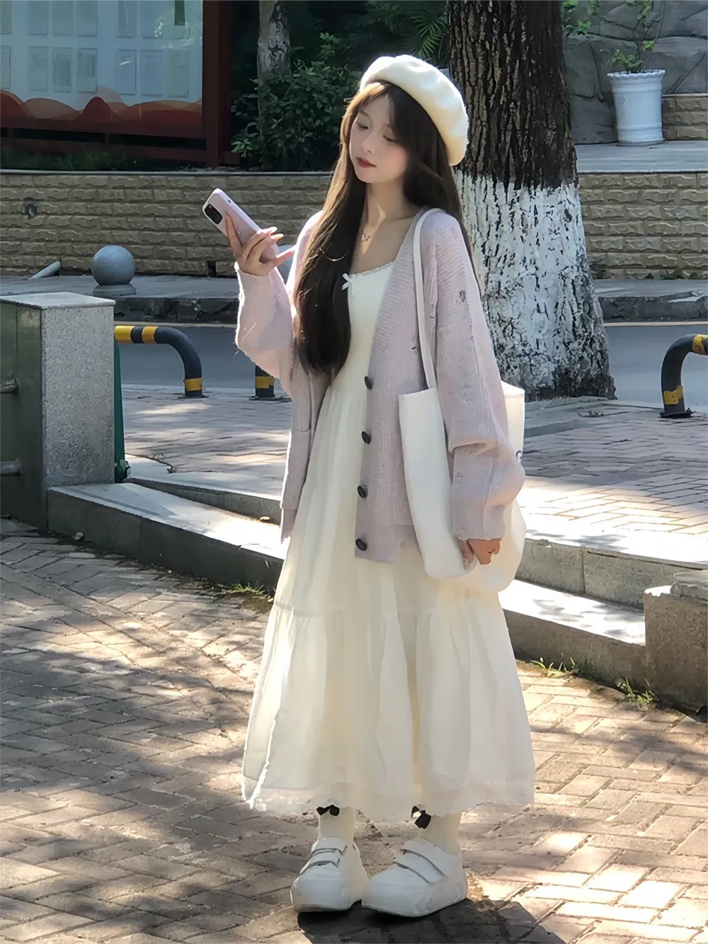 Sweet Soft Purple Knitted Open Cardigan And White Strap Dress Women's Fashion Set Autumn Season Elasticity Minimal No Filling