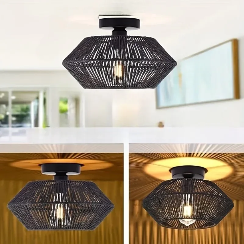 1pc Hand Woven Cage Lampshade Rattan Lamp Ceiling Light Bohemian Lamp Bedroom Hallway Farmhouse Semi Embedded Ceiling Light