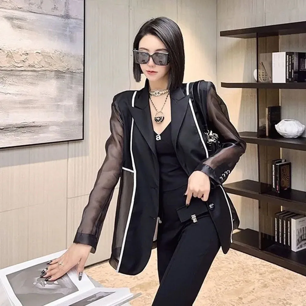 Trendy Thin Patchwork Women's Suit Casual Jacket Design Loose Long Sleeve Sun Protection Black Suit Tops 2024 New Summer Blazers