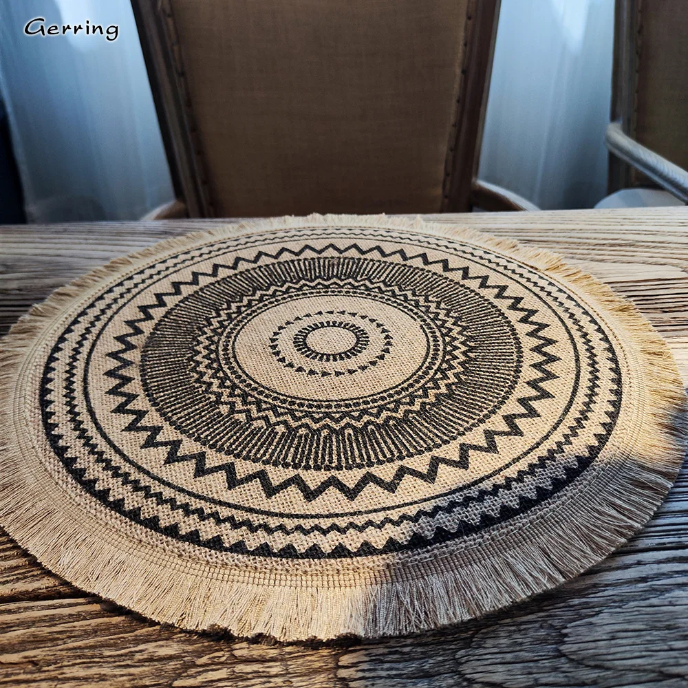 Gerring Ins Nordic Woven Round Table Mat Fringed Cotton Linen Heat Insulation Mat Decorative Shooting Props Macrame Doily