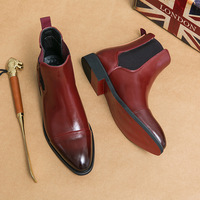 Men's Boots Business Ankle Boots Red Sole Pointed Toe Dress Boots British High Top Leather Shoes Slip-On Casual Men Chelsea Boot