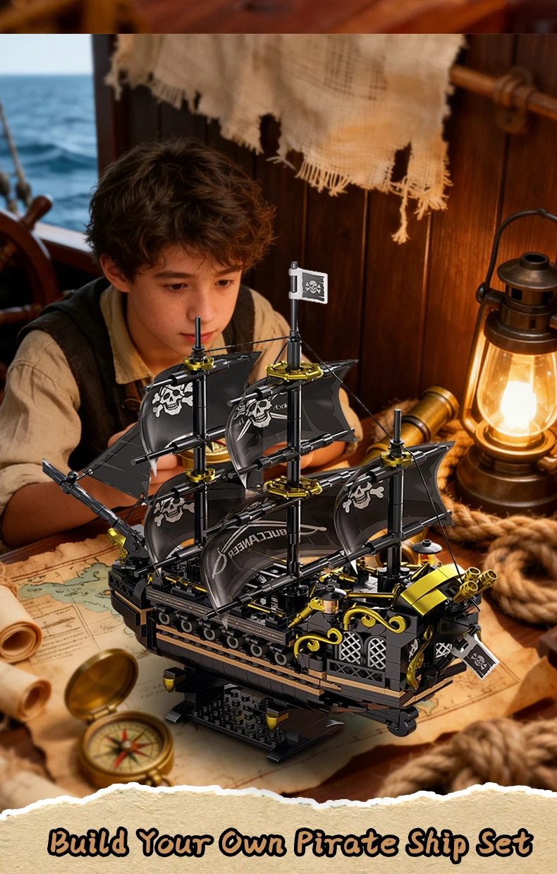 Geheimnisvolles Piratenschiff-Bausteinmodell in Schwarz-Gold-Farbschema, 3D-Puzzle-Herausforderung, Sammlerstück Marineschiff, Fördert Kreativität und Fähigkeiten – Detail 3