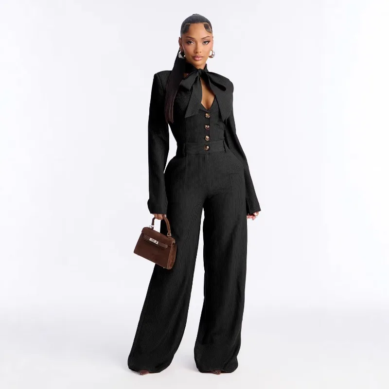 

GUWU Women's Elegant and Personalized Lace-up Bow Wide Leg Pants Jumpsuit