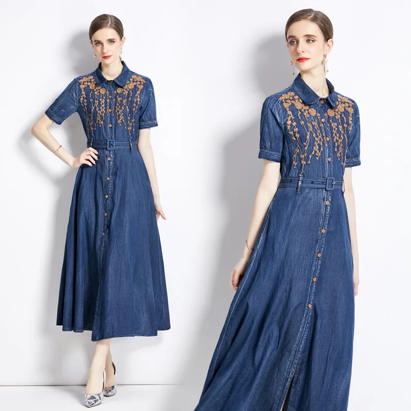 Été 2023 Denim brodé Dr minceur taille haute ort Sve longue Dr Ele Sle femmes Faion jupe décontractée