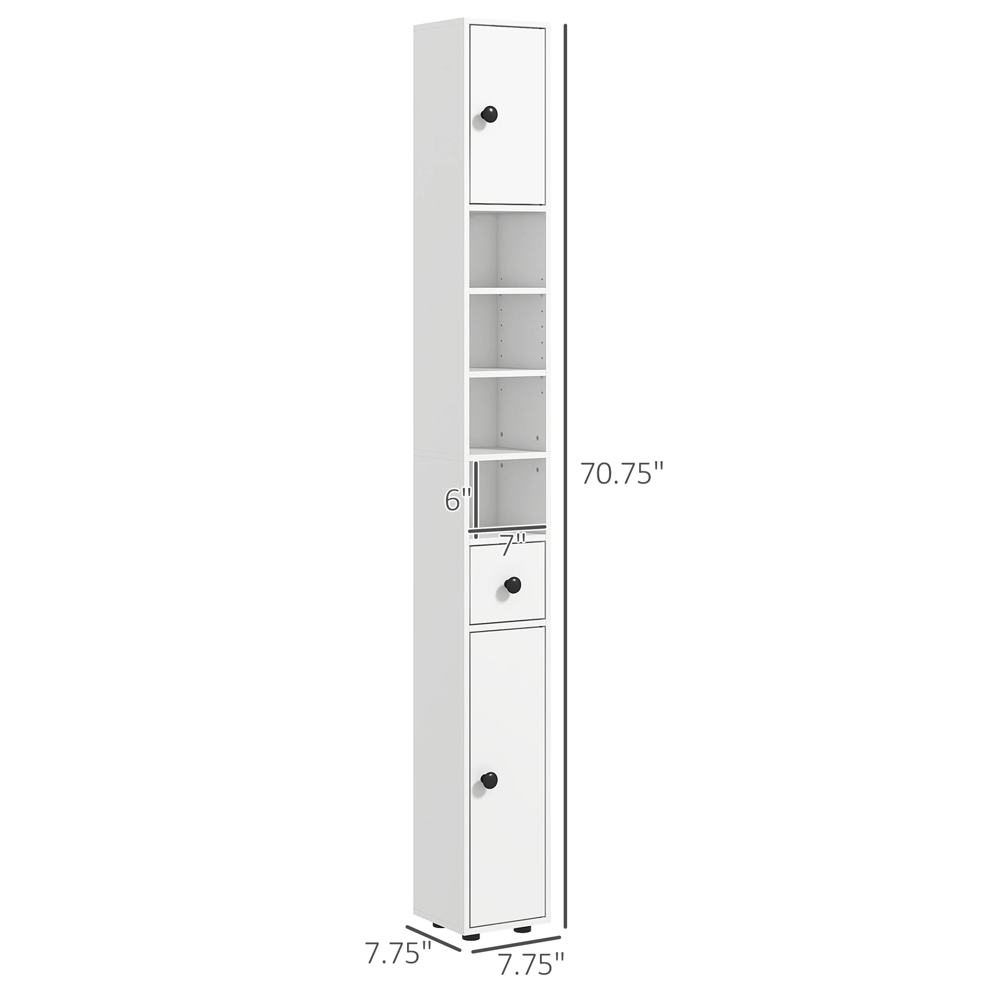 Kleankin Armoire de rangement pour salle de bain de 71 po de hauteur, armoire pour papier toilette étroite avec étagères ouvertes, armoires à 2 portes, étagères réglables