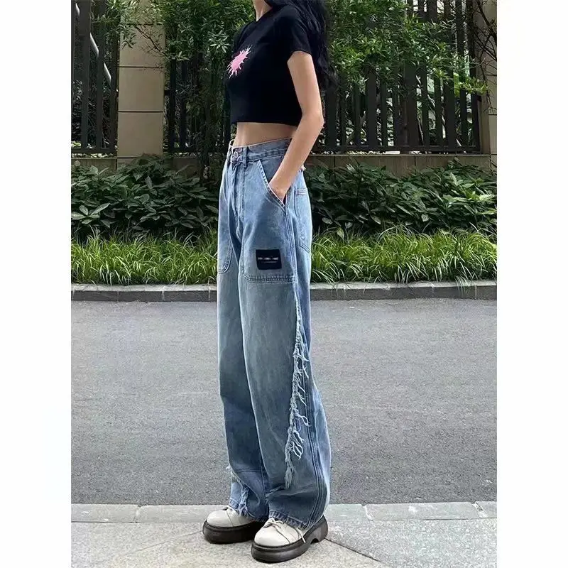 2023 New Vintage Jeans for Women Spring and Autumn Loose Fitting High Waist Personalized Hong Kong Style Floor Mop Pants Trend