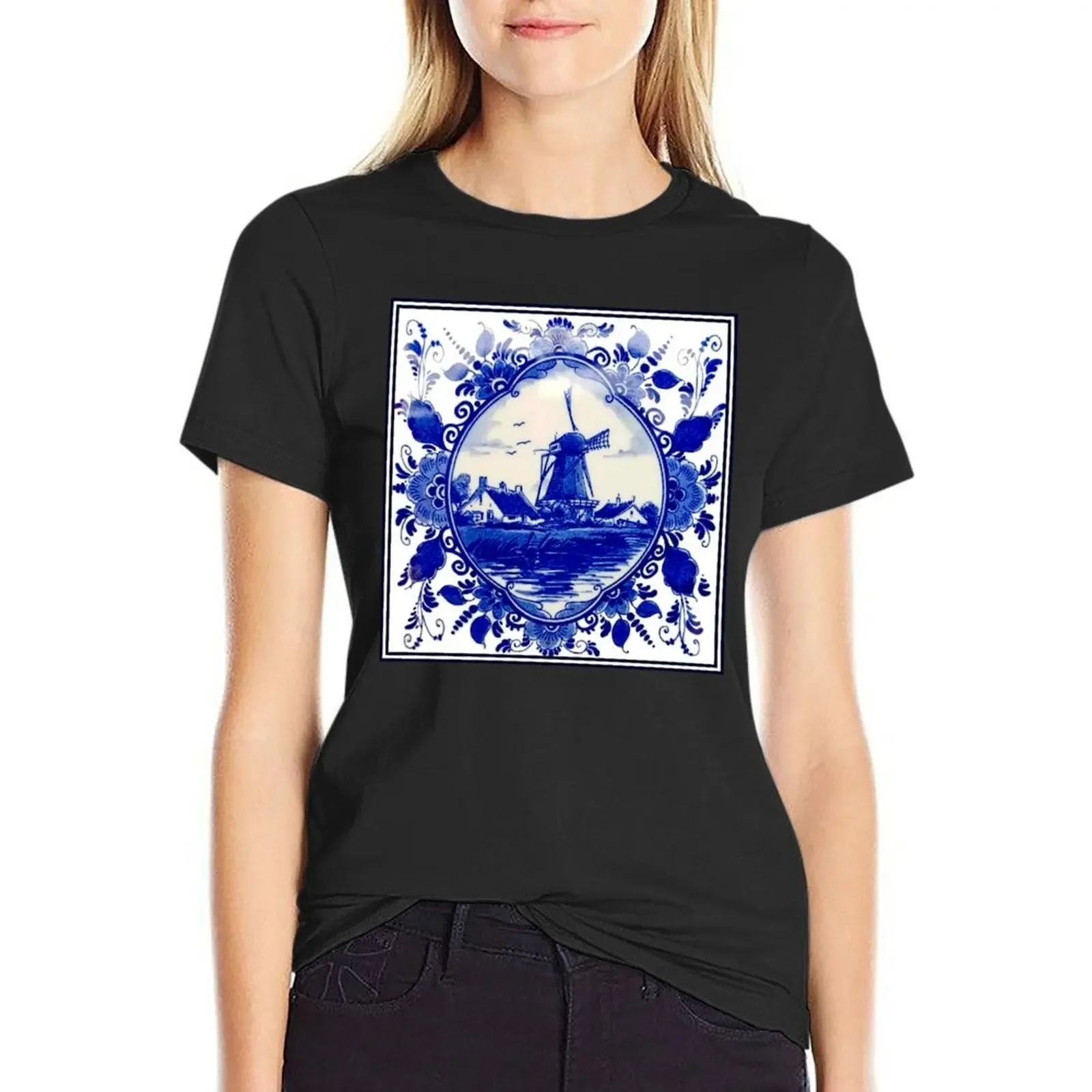 

DUTCH BLUE DELFT : Vintage Windmill on River Print T-Shirt animal print shirt for girls animal print tops for Women