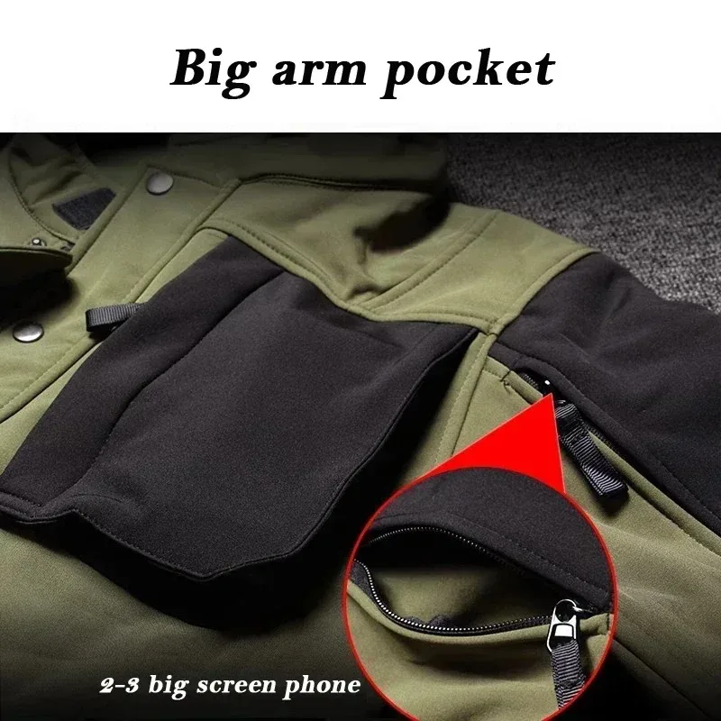 Tactical Shark Skin Standing Collar Men\'s Set Multi Pocket Zipper Windproof Waterproof Coat Men Outdoor Sports Fleece Warm Pants