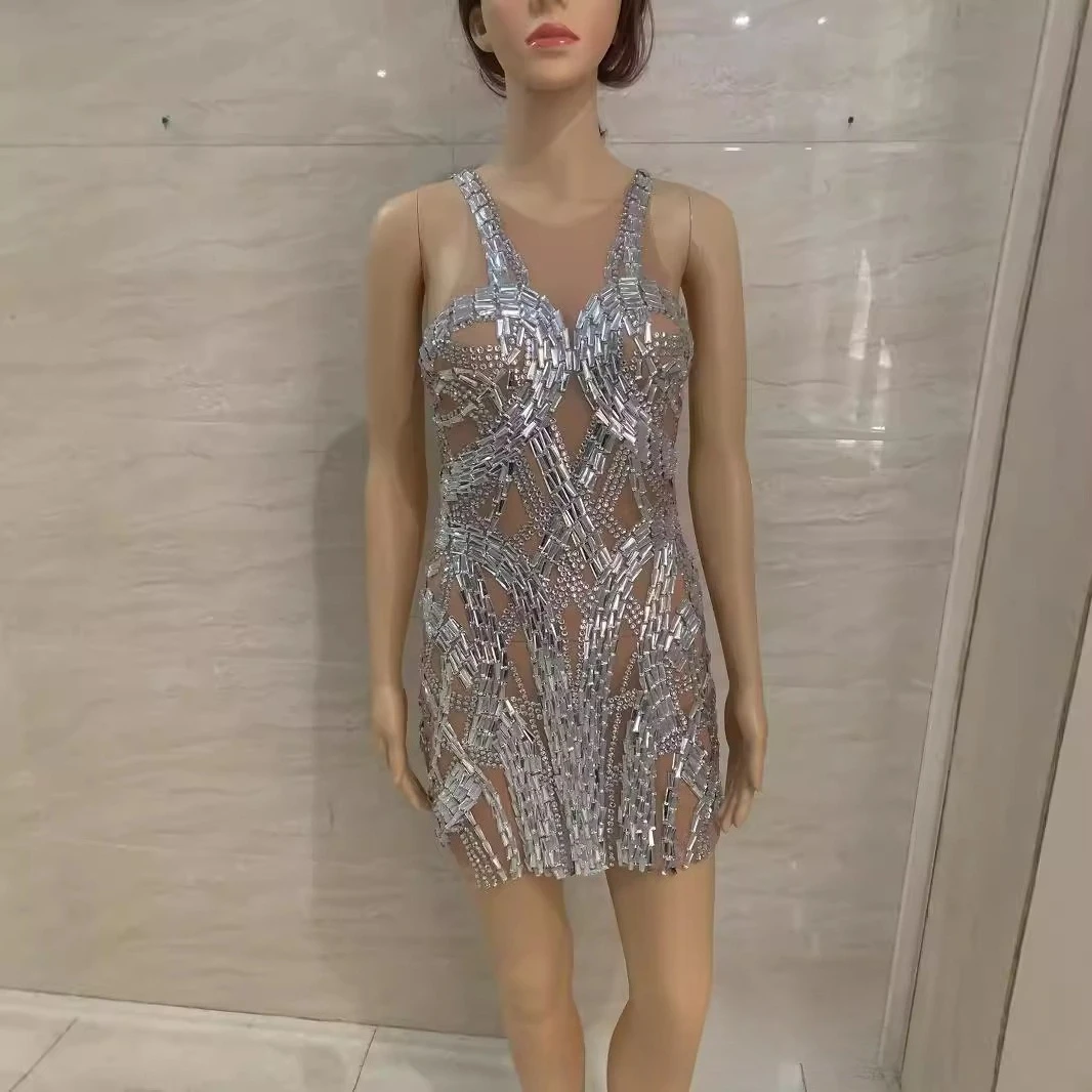 

Nightclub Bar Female Singer Ds Performance Dress Sexy Skin Tone Rhinestone Neck Stage Dress Party Vestidos De Graduaciones Mujer