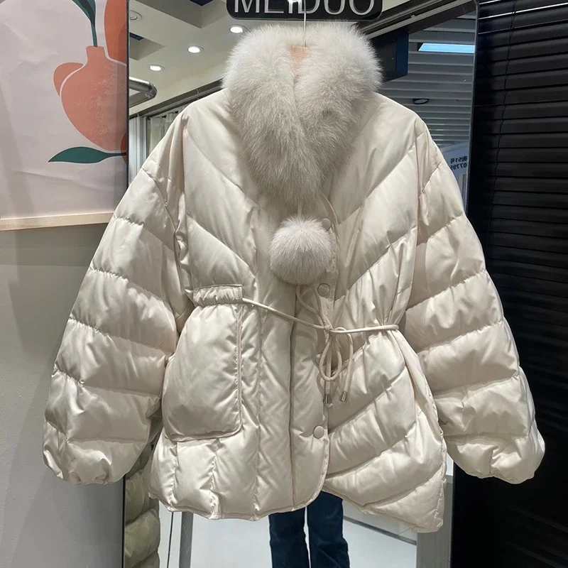 المرأة الأبيض بطة أسفل الرباط أبلى الشتاء منتصف طول كبير الفراء طوق وشاح أسفل سترة الإناث الدانتيل يصل باركر مبطن سترة