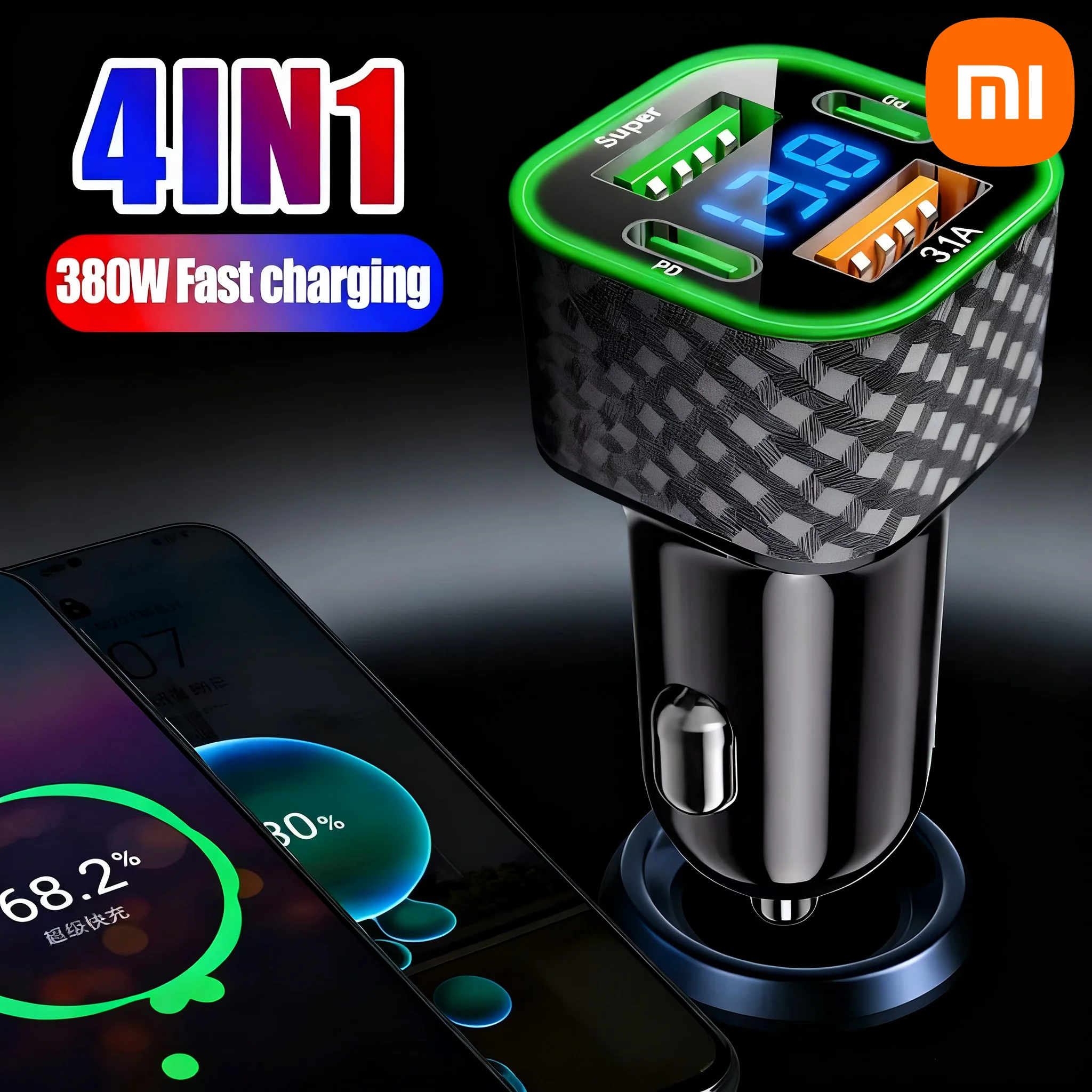 شاحن هاتف السيارة Xiaomi 380W Dual PD 4 in 1 USB C مع شاشة عرض الجهد ومحول شحن سريع للغاية لهاتف iPhone Oppo Vivo Samsung