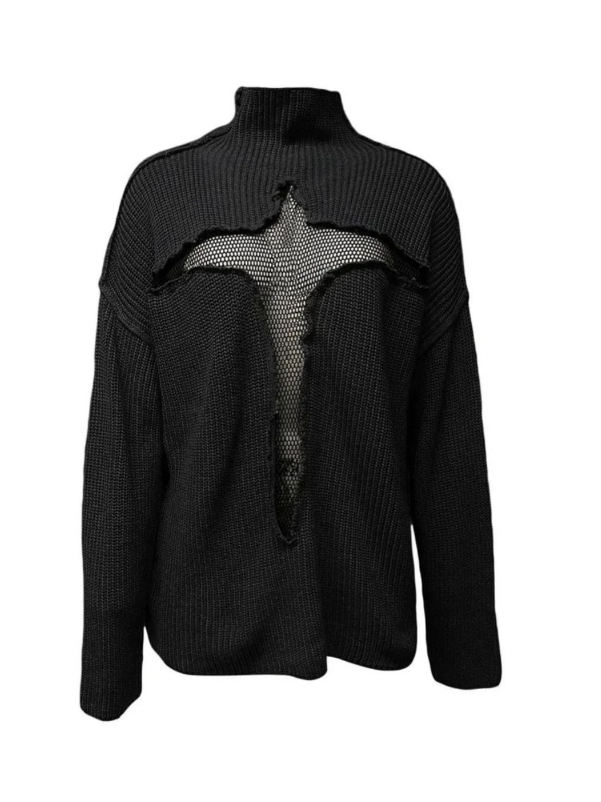 Sweter oversize z dzianiny, luźny krój, długi rękaw, średniej długości, kolor transparentny.