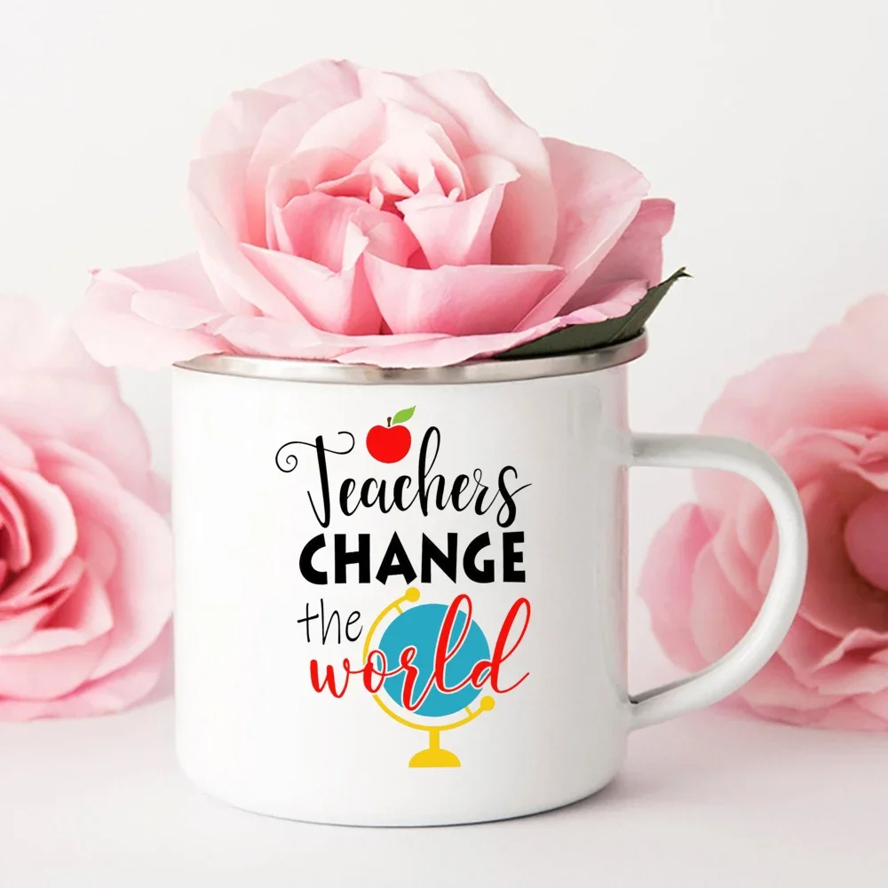 Teacher Change The World Print Mugs Creative Coffee Cups Drinks Water Milk Enamel Mug School Home Handle Drinkware Teacher Gifts