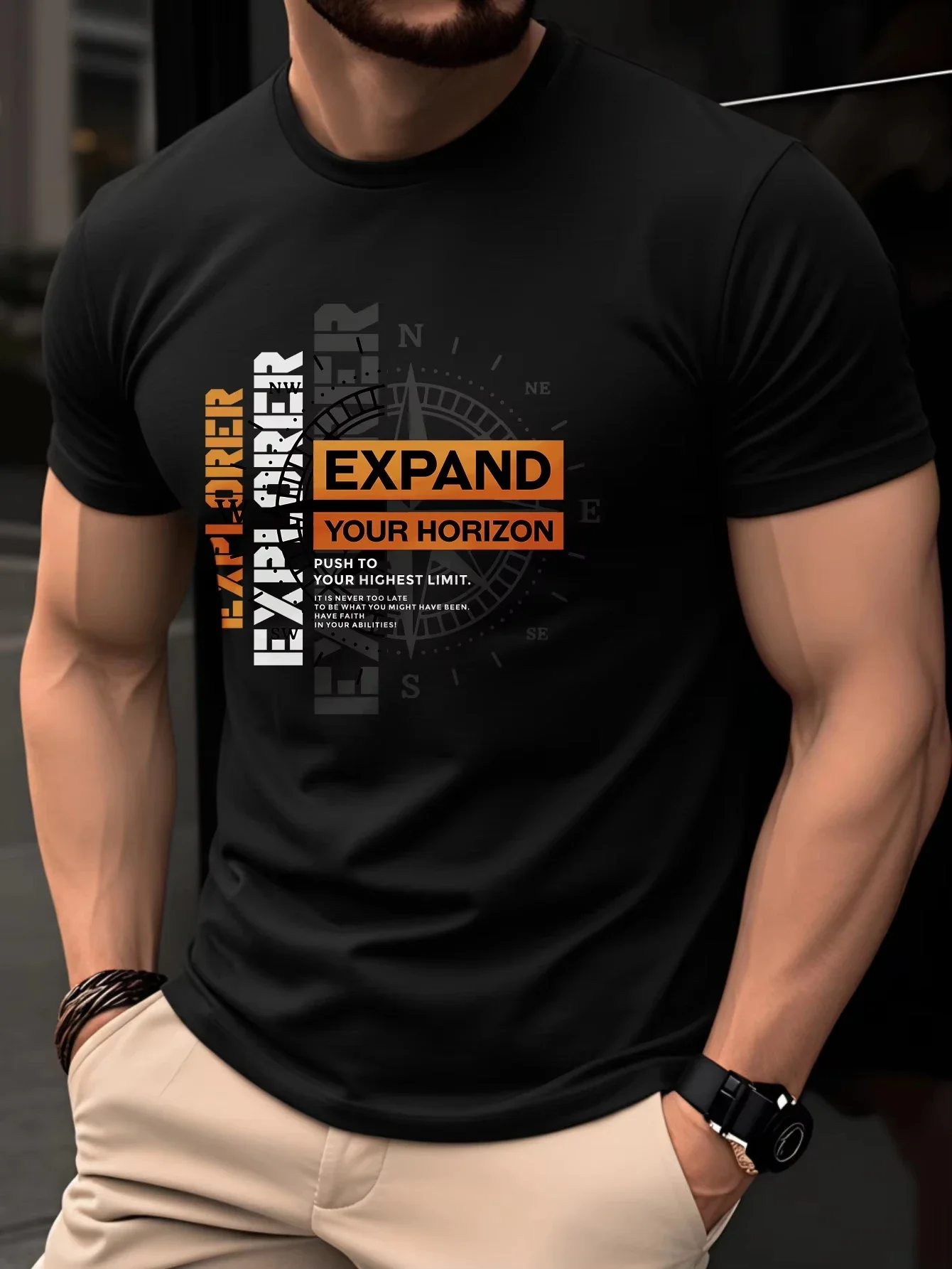 Summer Men's Pure Casual Fashionable Loose Retro Compass Mountain Pattern Printed Round Neck Short-Sleeved T-Shirt New Mode