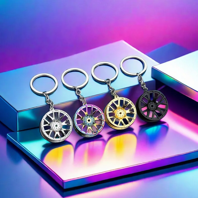 Fashion Wheel Hub Car Pendant Keychain Unisex Metal 4 Colors Round Buckle Cool Protable Hanging Decoration Boys Gift Trinket