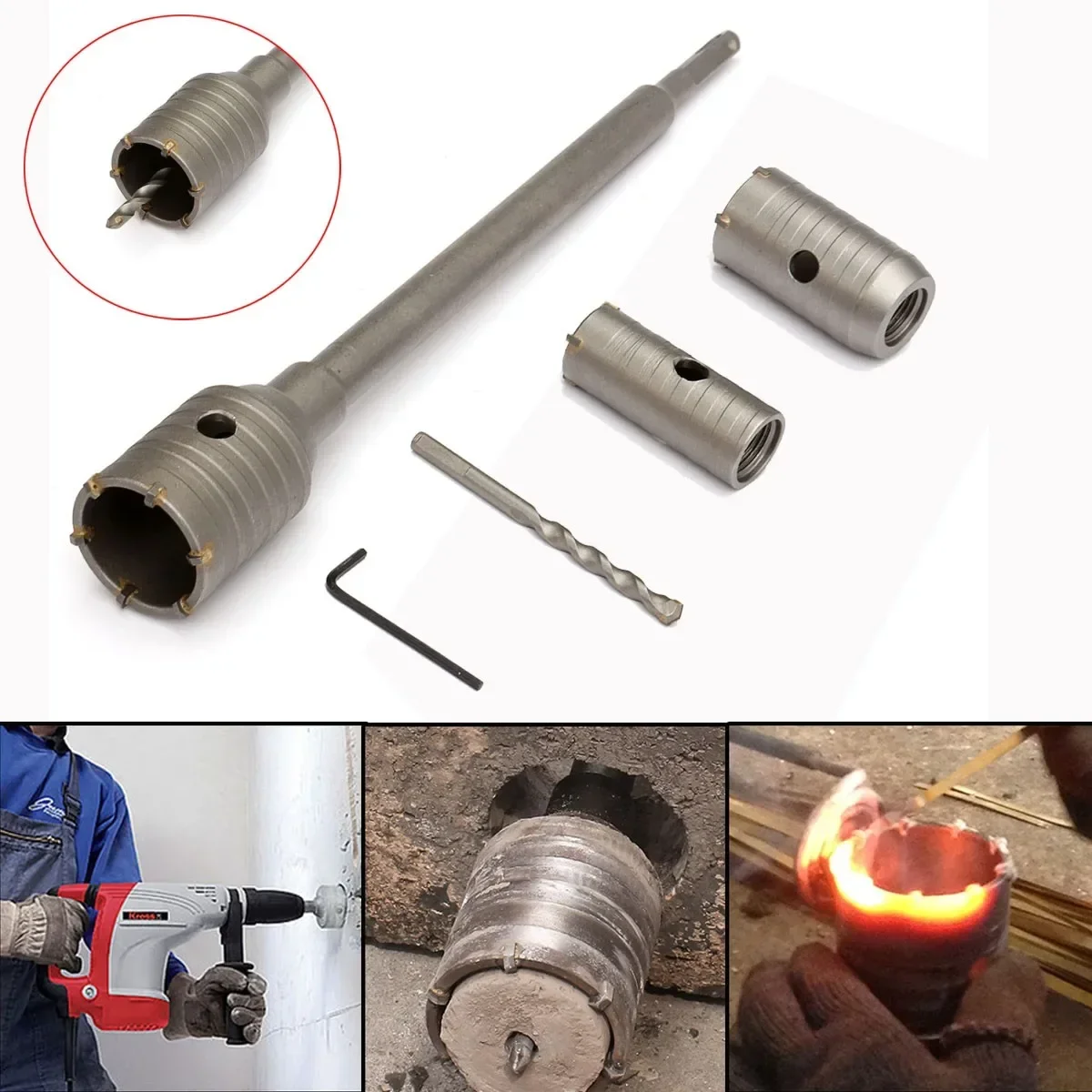 

30/40/50mm 3Pcs SDS Plus Shank Hole Saw Cutter Concrete Cement Stone Wall Drill Bit with Wrench Metal Carbide Tip Hole Saw