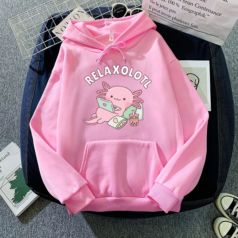 Hoodies Cartoon Axolotl Boba Milk Tea Women\'s Y2k Casual Print Sweatshirt Autumn Winter Lazy Style Loose Hoodie Fashion Clothing