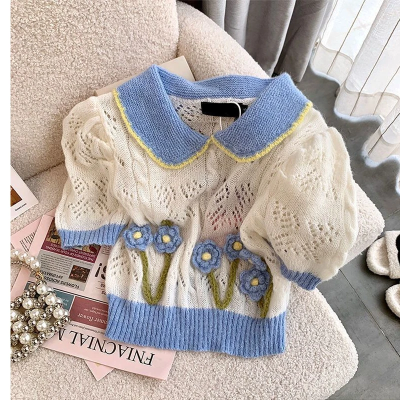 

Милый ажурный вязаный свитер с 3d цветами, женский пуловер с воротником Питера Пэна и пышными рукавами контрастного цвета, летний укороченный топ Y2k