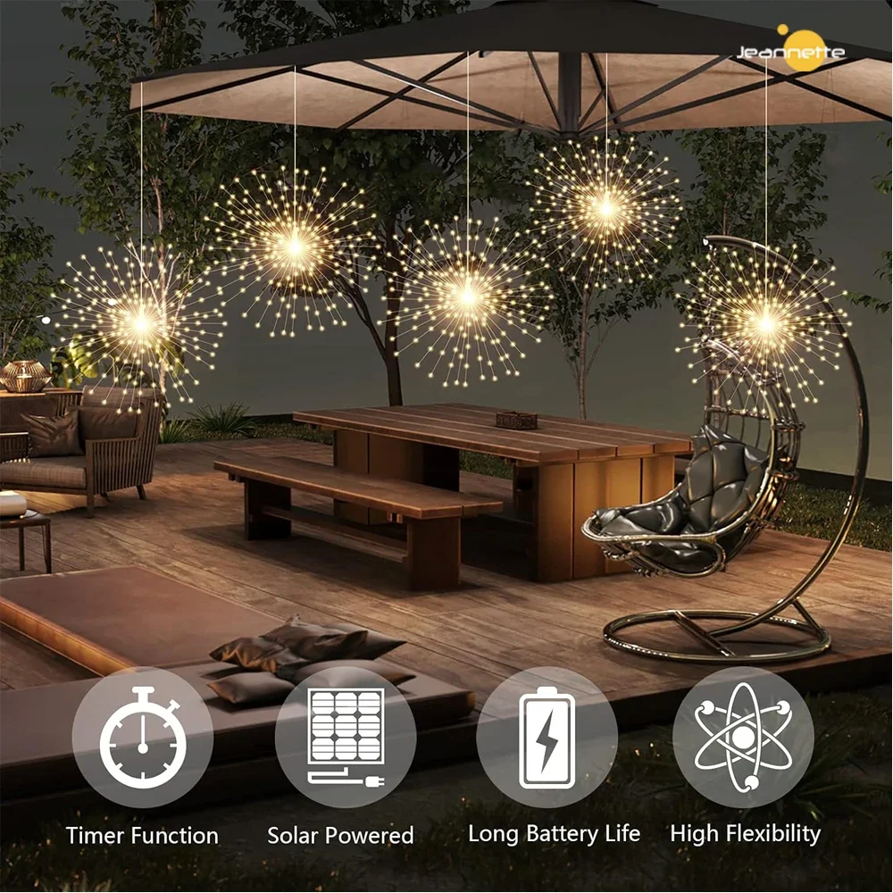 Solar Firework Lights Starburst Sphere Lights Dimmable Remote Control Waterproof Hanging Fairy Light Christmas Garden Decorative