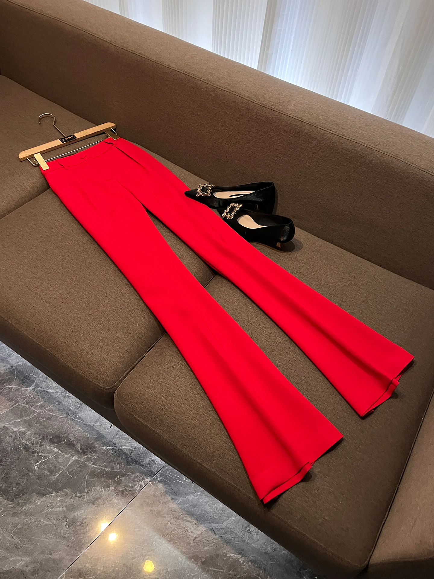 Red Slim Fit Suit Two Piece Set Women's High Waist Pants Outfit Spring  Knot Long Sleeve Button up Fashion Set