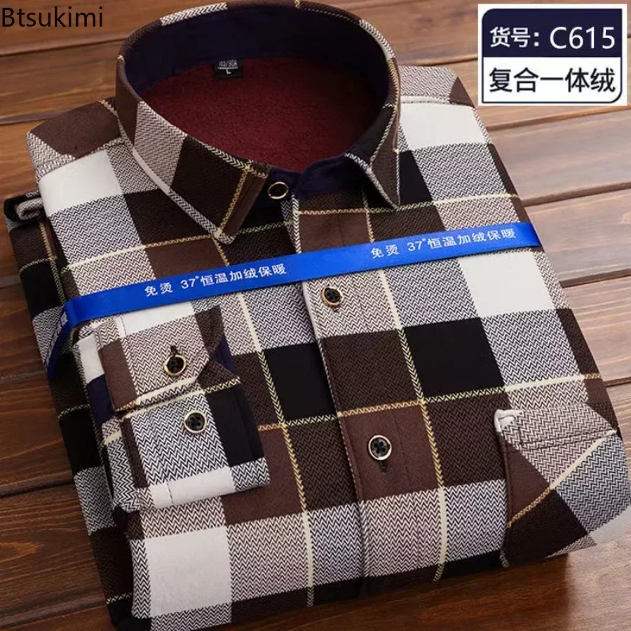 Autumn Winter Men\'s Long Sleeve Warm Plaid Shirt Fleece and Thick Casual High Quality Large Size Shirt Male Vintage Sweater 4XL