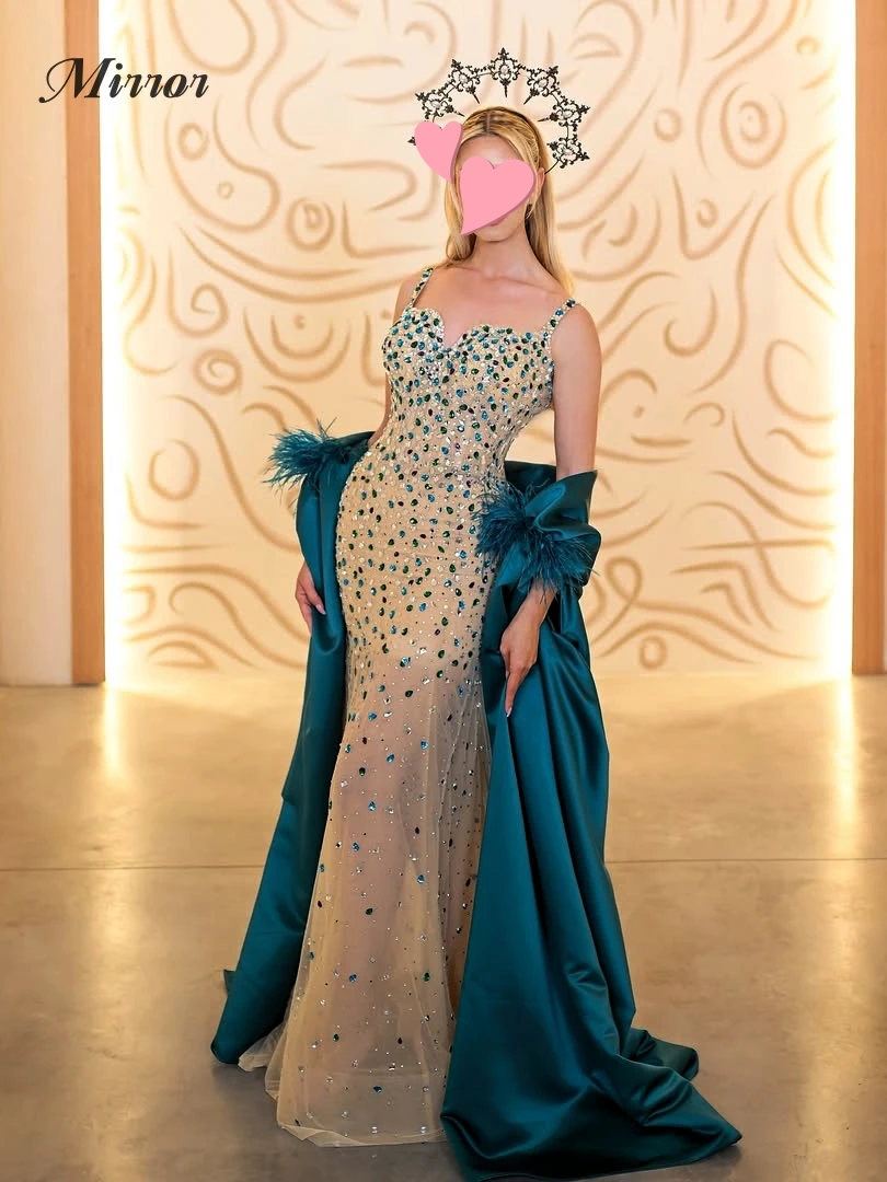 

Mirror Dress Elegant Vintage Sweet Sexy Blue Crystal Feathers Cape New Customize Formal Occasion Prom Dress Evening Party Gowns