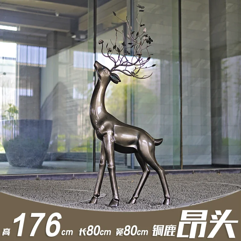 Imitation copper fiberglass abstract sika deer sculpture, outdoor lawn decorations in the courtyard