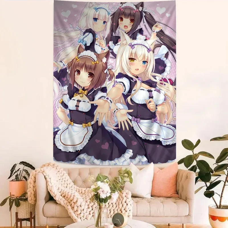 VIKAMA Nekopara Wandteppich, Cat Girl Anime Wandbehang, florale Dekoration, geeignet für Schlafsäle und Schlafzimmer