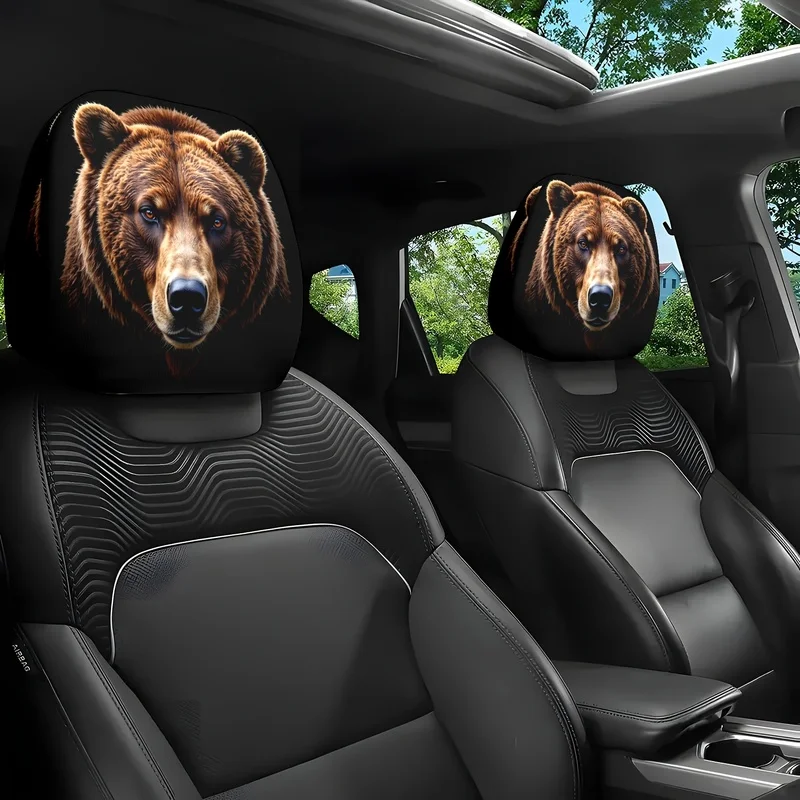 1/2Pcs Car Headrest Covers, Realistic Grizzly Bear Print For Vehicle Decoration