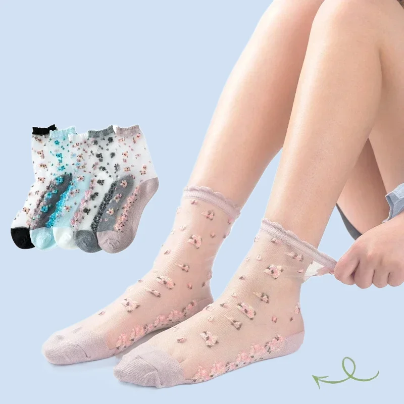 5 Pairs Summer Women Transparent Lace Silk Crystal Rose Flower Girls Elastic New Women's Breathable Ultra Short Socks Thin Socks