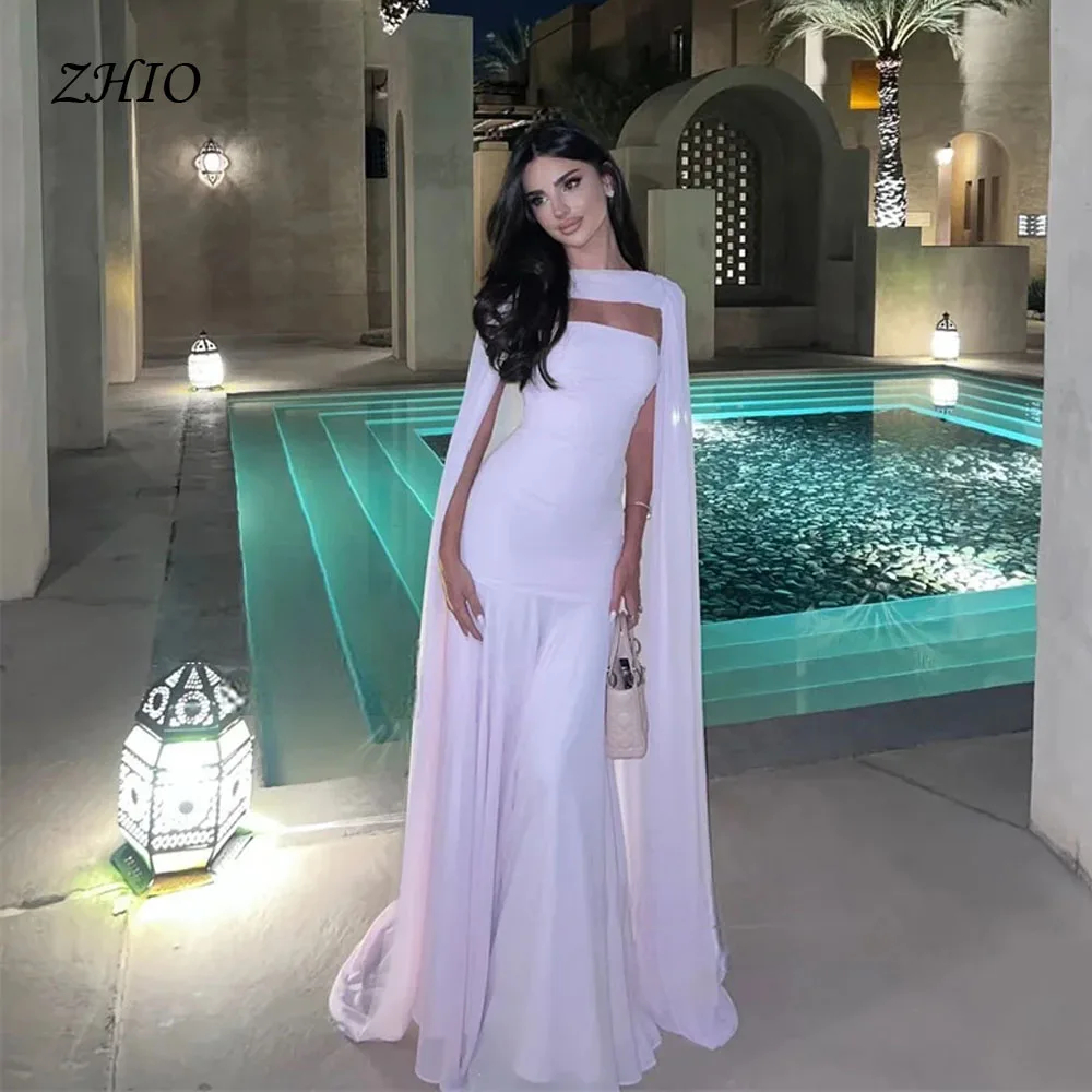 

ZHIO Pink Chiffon Mermaid Evening Dresses Jacket Cape Sleeves Prom Dresses Pleated Saudi Arabic Formal Prom Gowns Customized