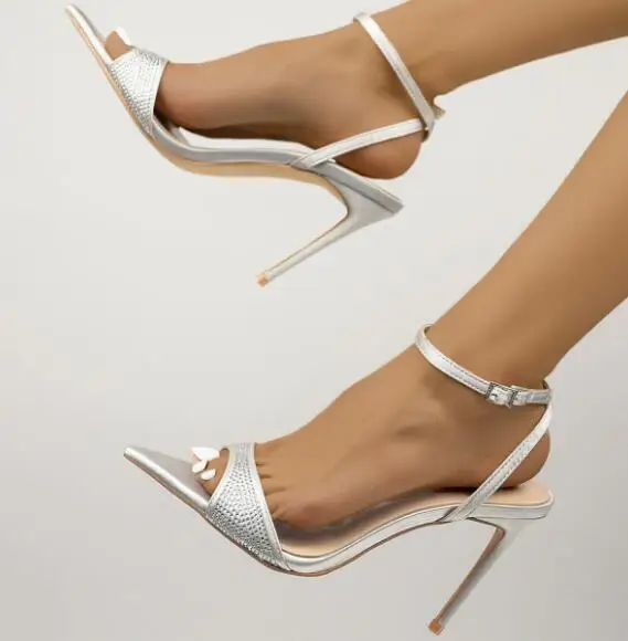 

Sexy Women Sliver Glitter Pointed Peep Toe Ankle Strap Summer Sandals Female Thin Heels Slingback Bride Wedding Shoes Lady Pumps