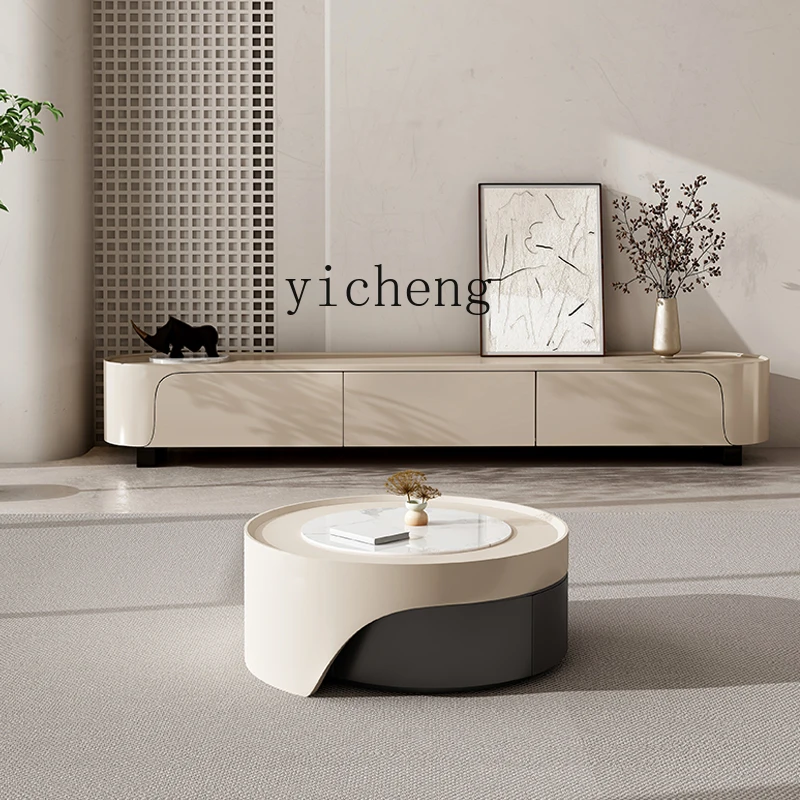 Tqh-Meuble TV Rétractable de Style Crème, Rond, Moderne, pour Salon et Maison