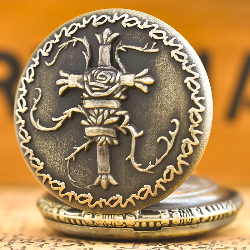 Reloj de bolsillo de cuarzo cruzado grande para estudiantes, accesorio Vintage de bronce, con relieve de concha de almeja, encaje, Rosa esmerilada, envuelto en vid