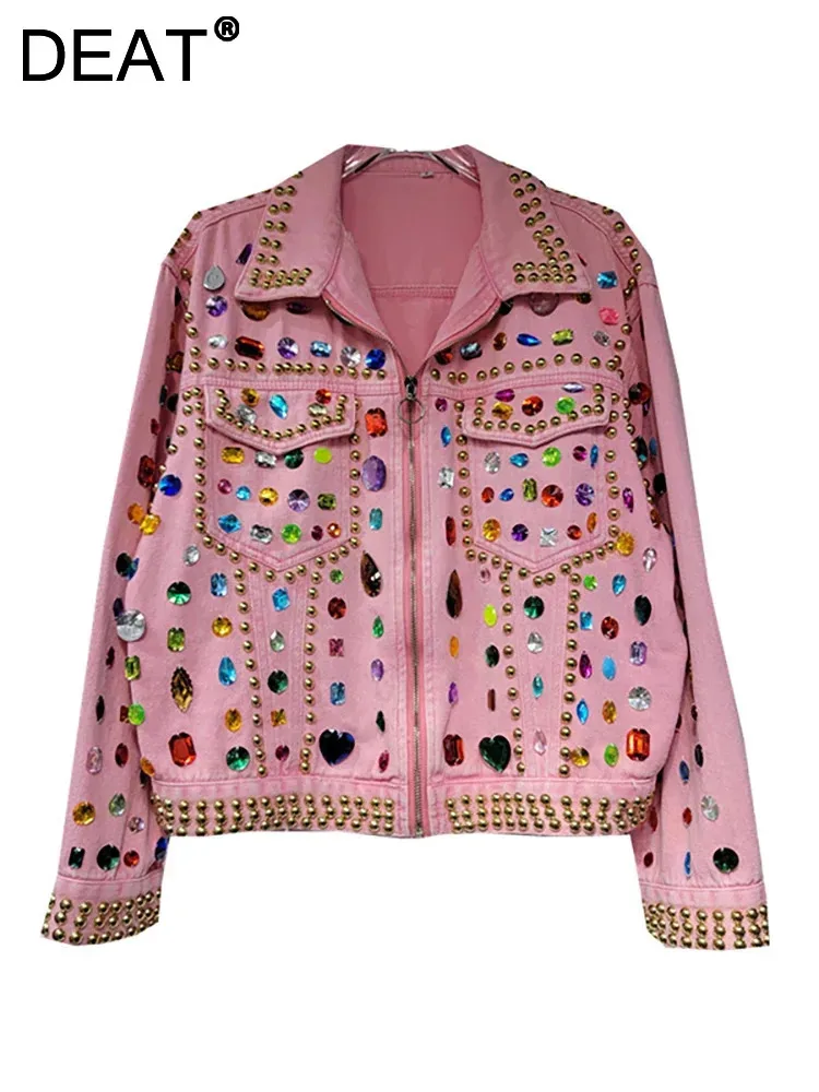 

DEAT Women's Denim Coat Heart Diamonds Lapel Gold Rivet Pink Zipper Beading Single Breasted Jackets 2024 Autumn New Fashion