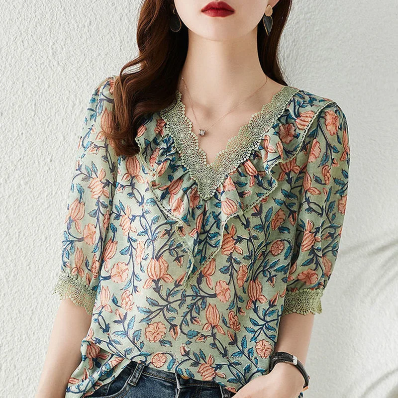 Elegant V-Neck Lace Printed Ruffles Puff Sleeve Oversized Chiffon Blouse Summer Casual Tops Loose Women\'s Clothing Commute Shirt