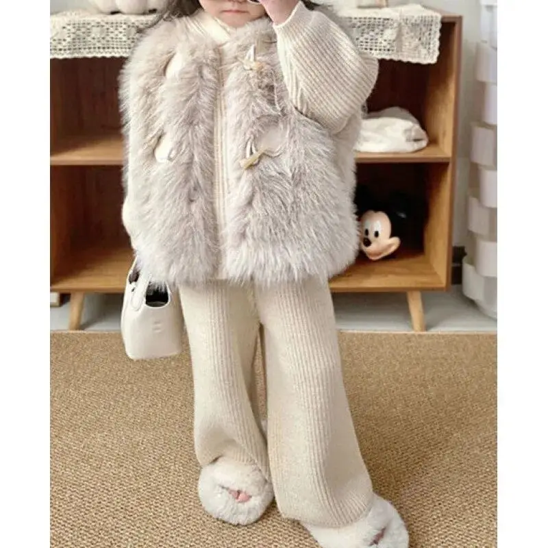 

Wide Leg Pants Two Piece Set Children's Sweater Set Autumn/Winter Girls' Hooded Knitted Cardigan Coat