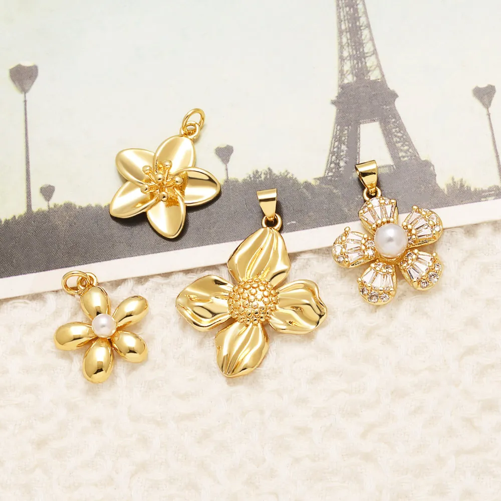 OCESRIO White Crystal Faux Pearl Flower Pendant for Necklace Copper Gold Plated Handmade DIY Jewelry Making Component pdta165