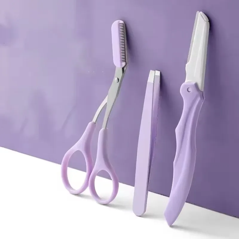 Anti-Cut Eyebrow Grooming Kit, Stainless Steel Eyebrow Razor, Tweezers & Trimming Scissors, Portable Facial Makeup Shaping Tools