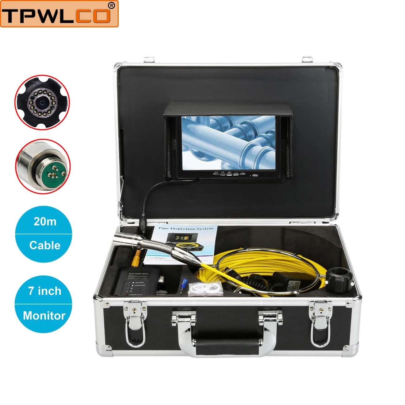 20M Cable Drain Industrial Pipe Endoscope 1000TVL 23MM Camera Head 7