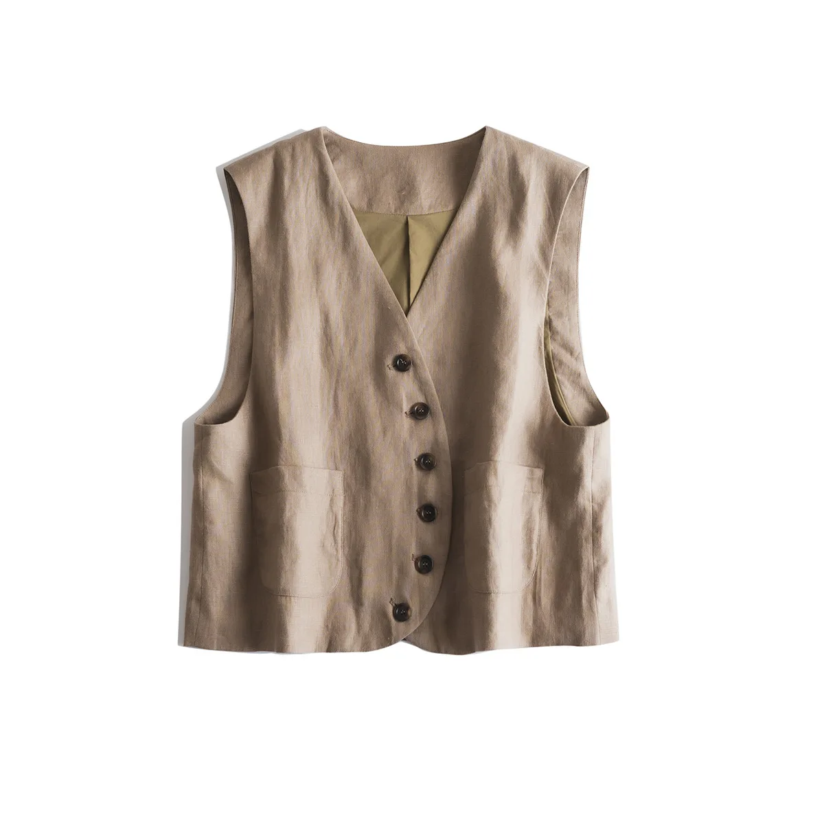 

Spring and summer women's casual solid color V-neck pocket decoration loose vest