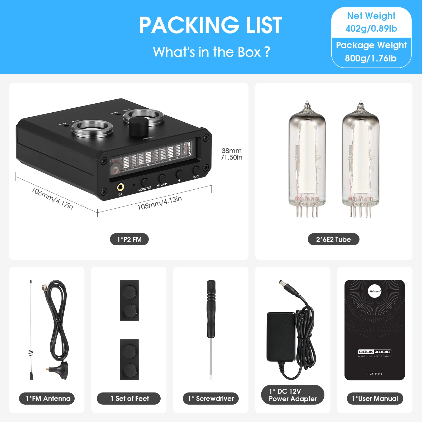 Douk Audio P2-FM Magic 6E2 Vorverstärker Stereo-Kopfhörerverstärker Schallpegelanzeige FM-Radiouhr