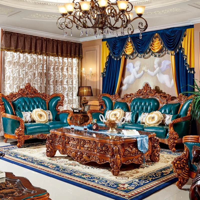 

zn-Old Fashion Wooden Carved Antique Leather Sectional Sofa Set Luxury Emerald Green Color Living Room Hotel Villa Apartment！