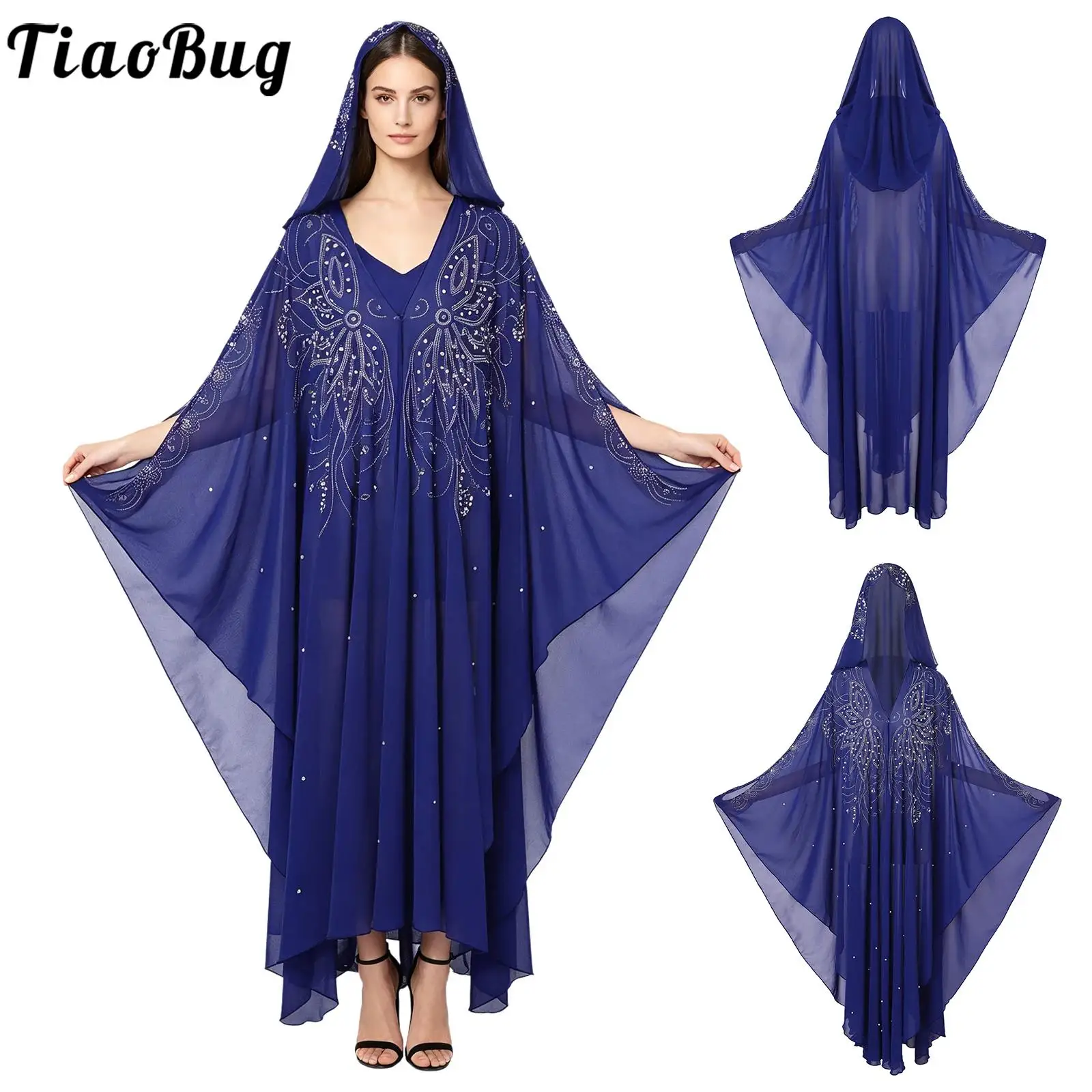 

Women Muslim Islamic Dress with Hood Chiffon Abaya Long Robe Kaftan Clothes Exquisite Rhinestones Faux Pearls Open Front Hooded